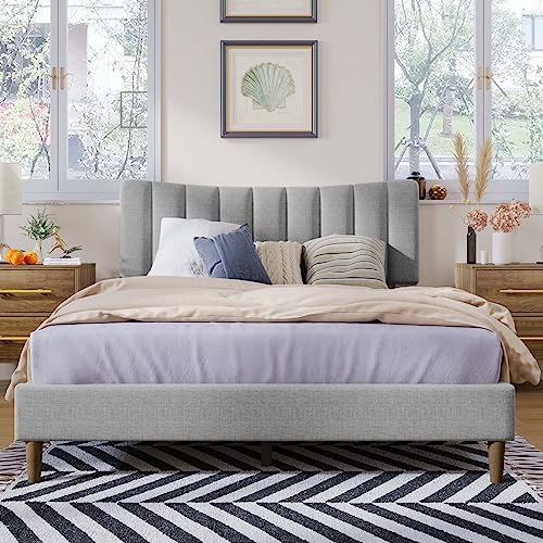 DUNTRKDU Queen Size Bed Frame, Modern Linen Upholstered Platform Bed with Vertical Channel Tufted Headboard for Boys Girls Bedroom Living Room, No Box Spring Needed (Gray)