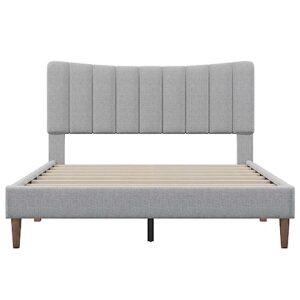 DUNTRKDU Queen Size Bed Frame, Modern Linen Upholstered Platform Bed with Vertical Channel Tufted Headboard for Boys Girls Bedroom Living Room, No Box Spring Needed (Gray)