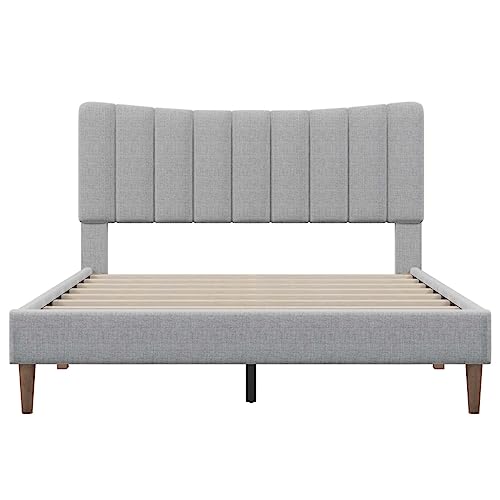 DUNTRKDU Queen Size Bed Frame, Modern Linen Upholstered Platform Bed with Vertical Channel Tufted Headboard for Boys Girls Bedroom Living Room, No Box Spring Needed (Gray)