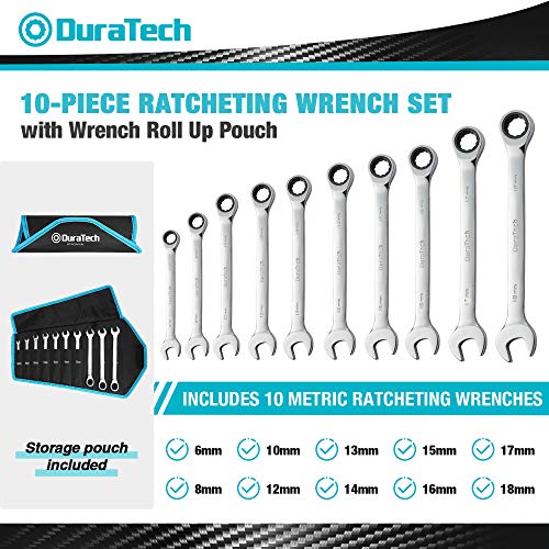 DURATECH 5-Piece Box End Ratcheting Wrench Set and 10-Piece Ratcheting Wrench Set, CR-V Steel, with Pouch