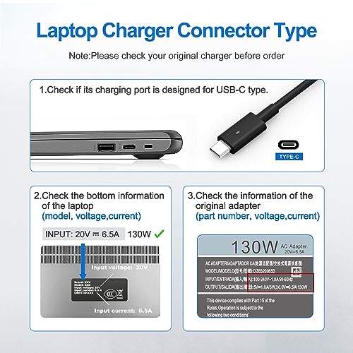 130W Dell Laptop Charger USB C Replacement for Dell XPS 15 17 2in1 9520 9530 9575 9500 9700 Precision 5530 2in1 3550 3551 3560 5550 5750 Latitude 7410 7310 7210 9510 5420 Dell USB C Charger Power Cord