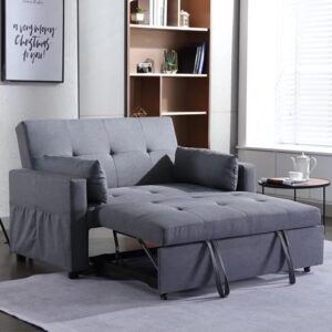 haplized loveseat sleeper sofa bed, dark grey linen fabric convertible sleeper sofa with pull-out couch bed & adjustable cushions backrest, reclining loveseat with side pocket for living room
