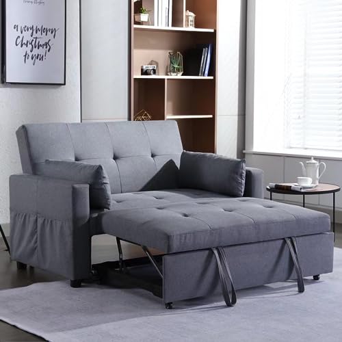 Haplized Loveseat Sleeper Sofa Bed, Dark Grey Linen Fabric Convertible Sleeper Sofa with Pull-Out Couch Bed & Adjustable Cushions Backrest, Reclining Loveseat with Side Pocket for Living Room