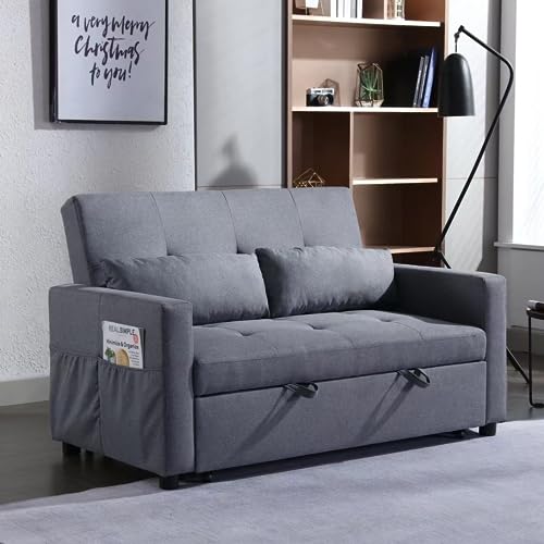 Haplized Loveseat Sleeper Sofa Bed, Dark Grey Linen Fabric Convertible Sleeper Sofa with Pull-Out Couch Bed & Adjustable Cushions Backrest, Reclining Loveseat with Side Pocket for Living Room