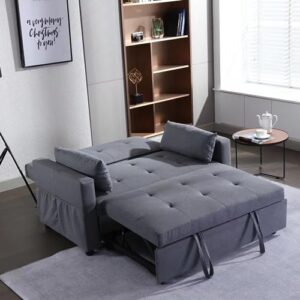 Haplized Loveseat Sleeper Sofa Bed, Dark Grey Linen Fabric Convertible Sleeper Sofa with Pull-Out Couch Bed & Adjustable Cushions Backrest, Reclining Loveseat with Side Pocket for Living Room