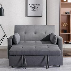 Haplized Loveseat Sleeper Sofa Bed, Dark Grey Linen Fabric Convertible Sleeper Sofa with Pull-Out Couch Bed & Adjustable Cushions Backrest, Reclining Loveseat with Side Pocket for Living Room