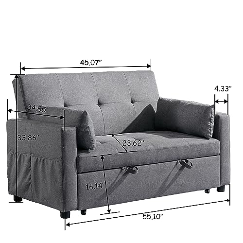 Haplized Loveseat Sleeper Sofa Bed, Dark Grey Linen Fabric Convertible Sleeper Sofa with Pull-Out Couch Bed & Adjustable Cushions Backrest, Reclining Loveseat with Side Pocket for Living Room