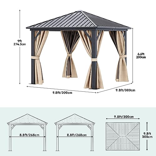 YITAHOME 10x10ft Hardtop Gazebo with Nettings and Curtains, Heavy Duty Galvanized Steel Outdoor Vertical Stripes Roof for Patio, Backyard, Deck, Lawns, Brown