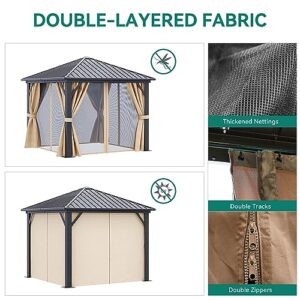 YITAHOME 10x10ft Hardtop Gazebo with Nettings and Curtains, Heavy Duty Galvanized Steel Outdoor Vertical Stripes Roof for Patio, Backyard, Deck, Lawns, Brown