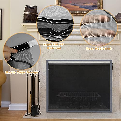 Fireplace Screen Mesh Cover, Fireplace Cover Baby Proof Barrier Guard Pet Proof with Magic Tape, Fireplace Doors Mesh Gate Fire Place Cover for The Living Room Decorative Indoor, 39" x 32" Inches