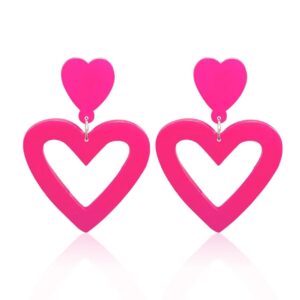 super pair of hot pink heart earrings for women, girls, teens, 1980’s, 1990’s glam costumes and more. cute pair of pink heart drop and dangle earrings, doll style earrings for girls, pink outfits, retro style pink outfits, vintage pink outfits and more. c