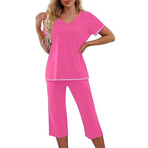 Today Deals Prime, Gamivas 2 Piece Sets for Women Plus Size Casual Floral Short Sleeve Tops Loose Pant, Pink Pajama Sets, Lightning Deals Of Today Prime Clearance