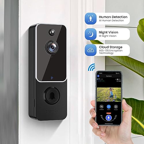 FISHBOT Doorbell Camera Wireless with Ring Chime, AI Human Detection, 1080p HD Video, Cloud Storage, Night Vision, Battery Powered, Real-Time Alert, Indoor/Outdoor Surveillance