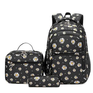 zhierna school backpack 3pcs daisy prints set with lunch bag, bookbags with pen case for teen girls kindergarten elementary（black）
