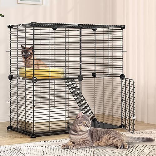 YITAHOME Indoor Cat Cage 2 Tier Kitten Cage House Cat Enclosure Outdoor Small Animal DIY Pet Playpen Detachable Metal Kennel for Ferret Kitty, Bunny, Chinchilla, Squirrel, rv Travel, Camping