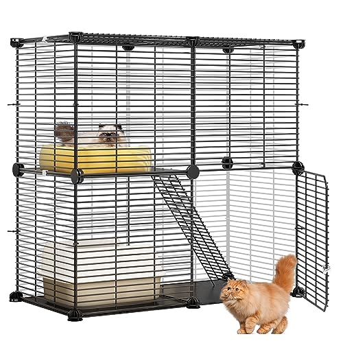 YITAHOME Indoor Cat Cage 2 Tier Kitten Cage House Cat Enclosure Outdoor Small Animal DIY Pet Playpen Detachable Metal Kennel for Ferret Kitty, Bunny, Chinchilla, Squirrel, rv Travel, Camping