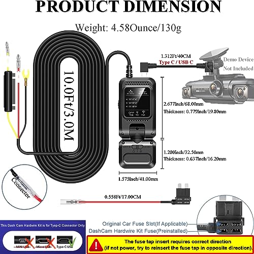 Dash Cam Hardwire Kit, Car Dash Camera USB C Charger Hard Wire Kit with Motion Detection for Dashcam DC12-24V to 5V/2.5A Low Voltage Protection 24h Parking Mode Fuse Tap for Dashcam(Motion DETECT)