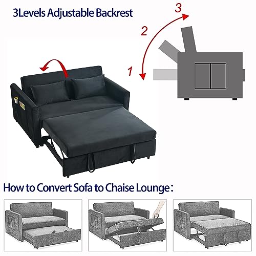 3 in 1 Convertible Sleeper Sofa Bed, Velvet Pull Out Couch with Storage Pockets and Pillows, Modern Futon Upholstered Small Loveseat for Living Room, Guest Room, Office, Dorm (Black with Rolled Arms)