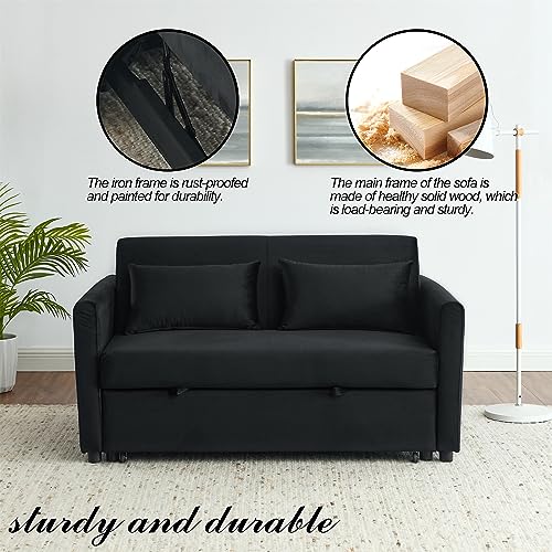 3 in 1 Convertible Sleeper Sofa Bed, Velvet Pull Out Couch with Storage Pockets and Pillows, Modern Futon Upholstered Small Loveseat for Living Room, Guest Room, Office, Dorm (Black with Rolled Arms)