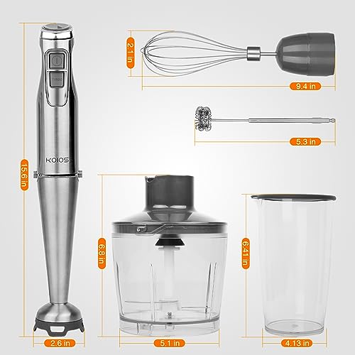 KOIOS 1100W Immersion Hand Blender, Stainless Steel Stick Blender with 12-Speed & Turbo Mode, 5-in-1 Handheld Blender with 600ml Mixing Beaker with Lid, 500ml Chopper, Whisk, Milk Frother, BPA-Free