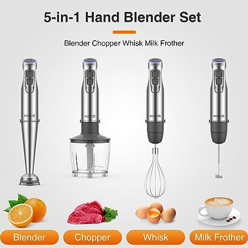 KOIOS 1100W Immersion Hand Blender, Stainless Steel Stick Blender with 12-Speed & Turbo Mode, 5-in-1 Handheld Blender with 600ml Mixing Beaker with Lid, 500ml Chopper, Whisk, Milk Frother, BPA-Free