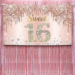 katchon, rose gold sweet 16 backdrop with iridescent rose gold fringe curtain - 72 x 44 inch, pack of 3 | rose gold streamers, sweet 16 birthday backdrop for 16 birthday decor | rose gold party decor