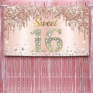 KatchOn, Rose Gold Sweet 16 Backdrop with Iridescent Rose Gold Fringe Curtain - 72 x 44 Inch, Pack of 3 | Rose Gold Streamers, Sweet 16 Birthday Backdrop for 16 Birthday Decor | Rose Gold Party Decor