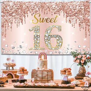 KatchOn, Rose Gold Sweet 16 Backdrop with Iridescent Rose Gold Fringe Curtain - 72 x 44 Inch, Pack of 3 | Rose Gold Streamers, Sweet 16 Birthday Backdrop for 16 Birthday Decor | Rose Gold Party Decor