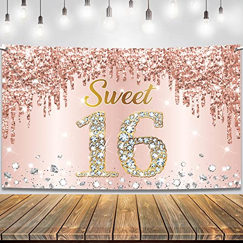 KatchOn, Rose Gold Sweet 16 Backdrop with Iridescent Rose Gold Fringe Curtain - 72 x 44 Inch, Pack of 3 | Rose Gold Streamers, Sweet 16 Birthday Backdrop for 16 Birthday Decor | Rose Gold Party Decor