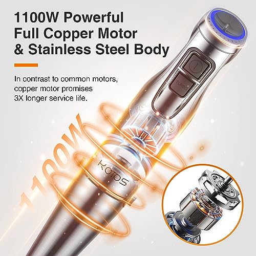 KOIOS Immersion Blender, Upgraded 1100W Full Copper Motor,12-Speed 5 in 1 Hand Blender with 304 Stainless Steel Blade, Perfect for Soup, Smoothies, Puree, Baby Food, BPA-Free, Grey