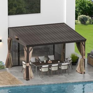 domi outdoor living 10' x 12' hardtop gazebo with aluminum frame, wall mounted gazebo galvanized steel roof sloping pergola with curtains and netting for patio deck backyard lawn party