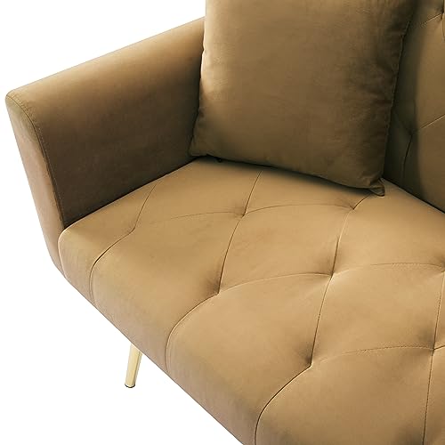 Verfur Button Tufted Convertible Futon Sofa Bed,Modern Velvet Upholstery Sleeper Couch Daybed with 2 Cup Holders and Square Armrests for Small Places Sofabed, Brown 72.4"