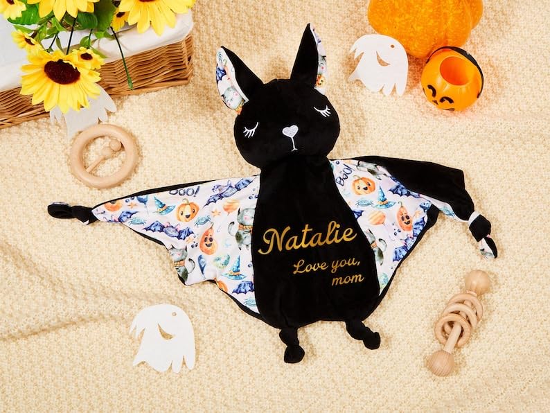 VTER Personalized Baby Bat Security Blankets Kids First, Plush Stuff with Name Kids Comforter Toy (Style: Cat)