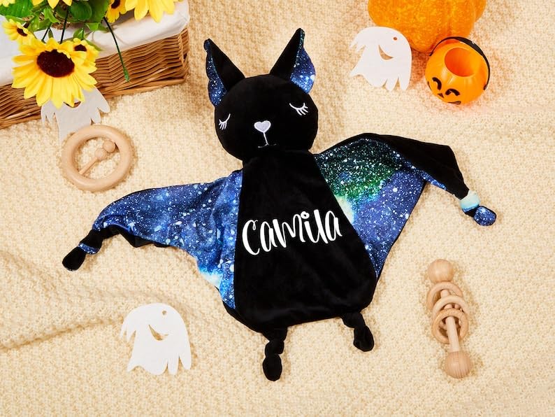 VTER Personalized Baby Bat Security Blankets Kids First, Plush Stuff with Name Kids Comforter Toy (Style: Cat)