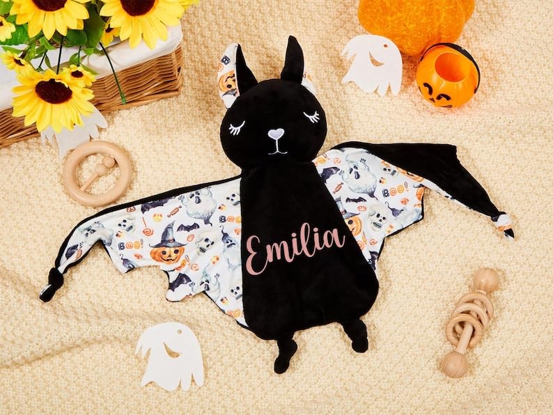 VTER Personalized Baby Bat Security Blankets Kids First, Plush Stuff with Name Kids Comforter Toy (Style: Cat)