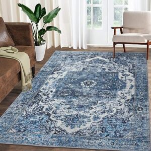 zacoo washable rug boho rug vintage 5x7 area rugs for living room bedroom dining room distressed non slip rugs carpet non shedding oriental rug, blue