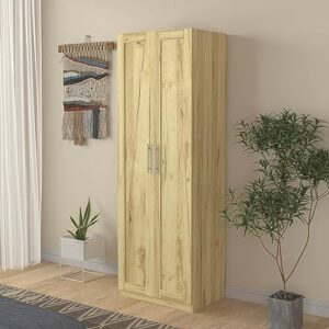 RIDFY 71" 2-Door Wardrobe Closet with Shelf,Bortable Bedroom Armoires Closet with Storage Shelevs,High Wardrobe and Kitchen Cabinet to Separate 4 Storage Spaces(23”W x 17”D x 71”H) (Oak)