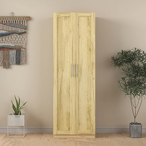 RIDFY 71" 2-Door Wardrobe Closet with Shelf,Bortable Bedroom Armoires Closet with Storage Shelevs,High Wardrobe and Kitchen Cabinet to Separate 4 Storage Spaces(23”W x 17”D x 71”H) (Oak)