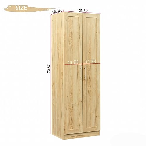 RIDFY 71" 2-Door Wardrobe Closet with Shelf,Bortable Bedroom Armoires Closet with Storage Shelevs,High Wardrobe and Kitchen Cabinet to Separate 4 Storage Spaces(23”W x 17”D x 71”H) (Oak)