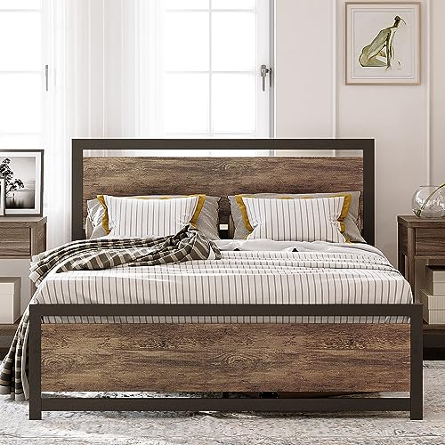 LIKIMIO Queen Bed Frame, Platform Bed with Headboard and Under Bed Storage for Queen Size Mattress, Sturdy and Easy Assembly, No Box Spring Needed, Walnut