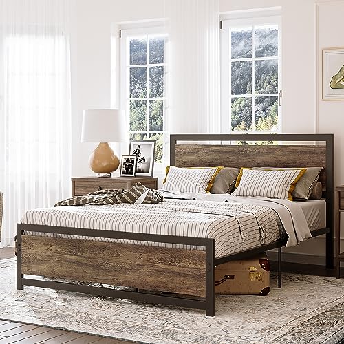 LIKIMIO Queen Bed Frame, Platform Bed with Headboard and Under Bed Storage for Queen Size Mattress, Sturdy and Easy Assembly, No Box Spring Needed, Walnut