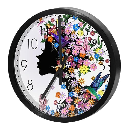 Modern Wall Clocks Battery Operated, 10 Inch Silent Non-Ticking, Pink Colorful Kissing Girl Flowers Birds Butterflies Clock for Bathroom, Office, Bedroom, Home, Kitchen, Living Room