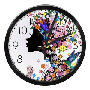 modern wall clocks battery operated, 10 inch silent non-ticking, pink colorful kissing girl flowers birds butterflies clock for bathroom, office, bedroom, home, kitchen, living room