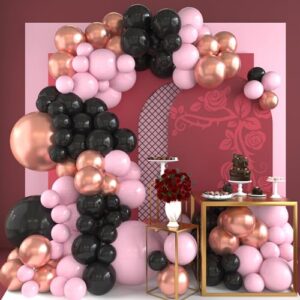 pink and black balloon arch kit, light pink and black balloons garland with metallic rose gold balloons, baby pink balloons for girls women birthday bachelorette princess party decorations