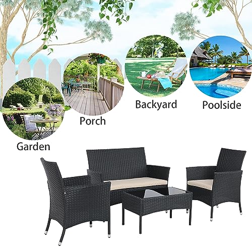 Furnivilla 4 Pieces Patio Furniture Sets Outdoor Furniture PE Wicker Patio Set Patio Conversation Set Balcony Furniture with Cushions and Table for Yard,Pool or Backyard (Black-Beige)