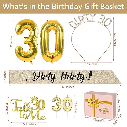 30th Birthday Decorations for Women Gold Include 30th Birthday Sash, Rhinestone Headband, 30 Birthday Candles, Talk 30 to Me Cake Toppers and 30 Balloons, Dirty 30 Birthday Decorations for Her