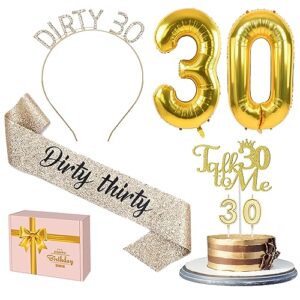 30th birthday decorations for women gold include 30th birthday sash, rhinestone headband, 30 birthday candles, talk 30 to me cake toppers and 30 balloons, dirty 30 birthday decorations for her