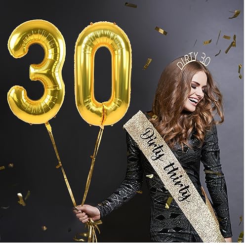 30th Birthday Decorations for Women Gold Include 30th Birthday Sash, Rhinestone Headband, 30 Birthday Candles, Talk 30 to Me Cake Toppers and 30 Balloons, Dirty 30 Birthday Decorations for Her