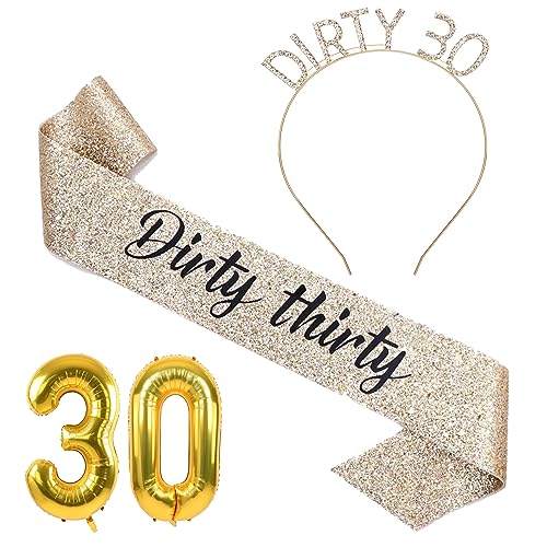 30th Birthday Decorations for Women Gold Include 30th Birthday Sash, Rhinestone Headband, 30 Birthday Candles, Talk 30 to Me Cake Toppers and 30 Balloons, Dirty 30 Birthday Decorations for Her