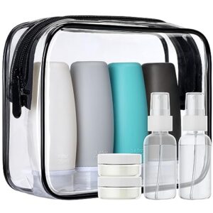 packism tsa approved toiletry bottles - 9 pack leakproof 3.4oz silicone travel bottles for toiletries, travel accessories with clear makeup bags for shampoo conditioner lotion body wash bpa free